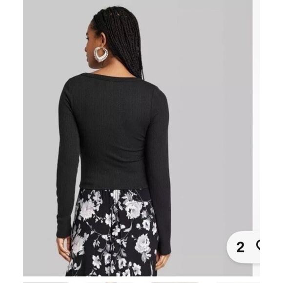 Wild Fable Women Small Trendy Square Neck Black Long Sleeve Pointelle Shirt New - Picture 8 of 8